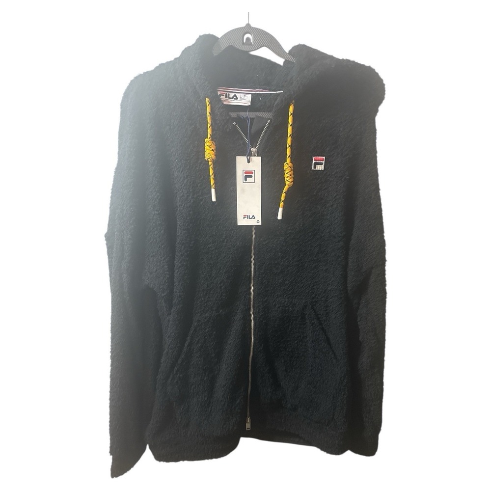 Fila Black Sherpa Fleece Hoodie with Yellow Drawstrings NWT Small Size
